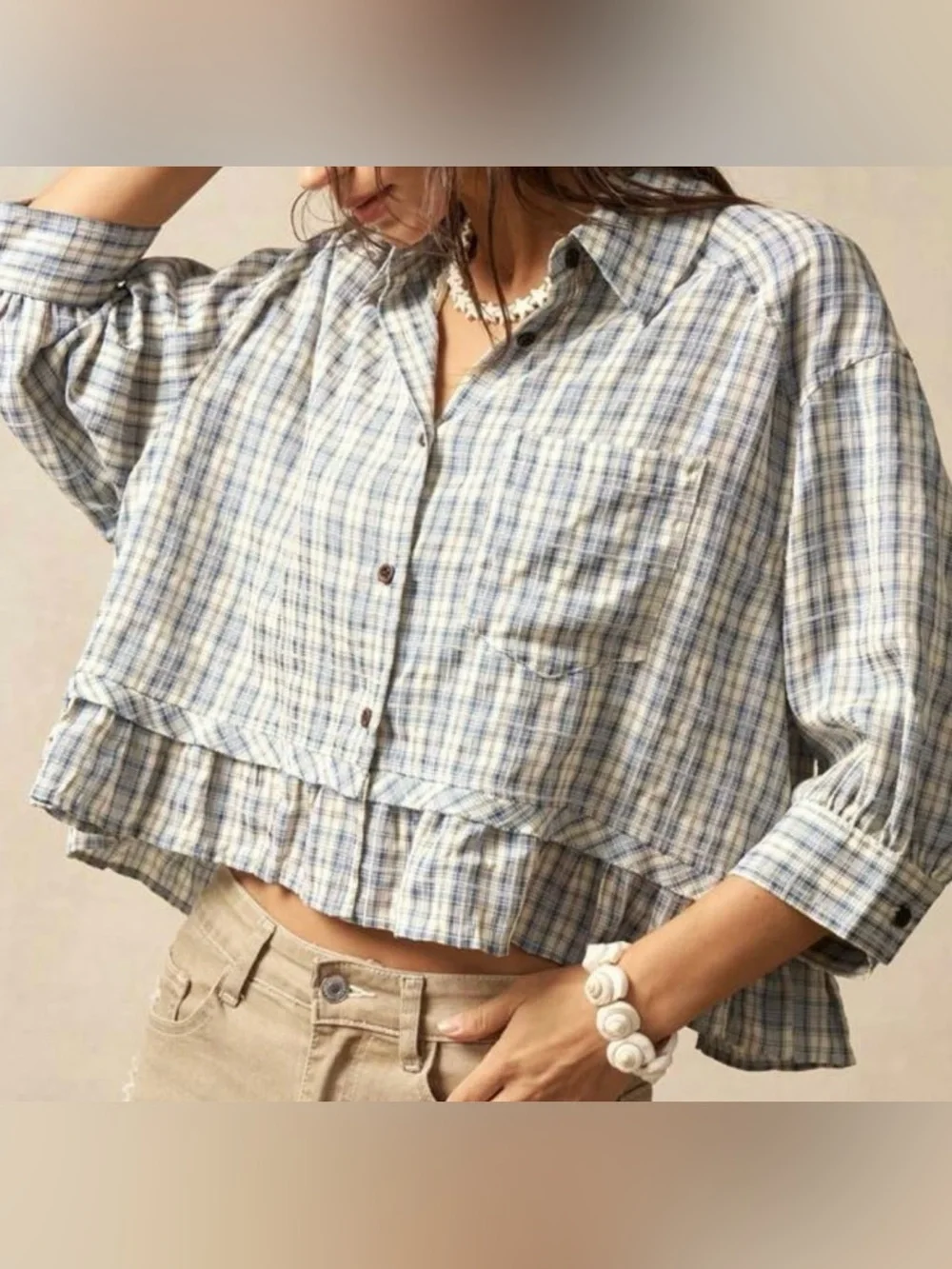 NWOT Women's Blue Plaid Ruffle Hem Button-Down Shirt / boxy cropped - Picture 3 of 9
